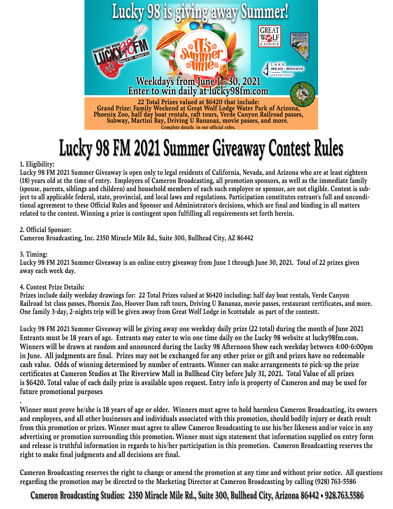 Lucky 98 FM 2021 Summer Giveaway Contest Rules