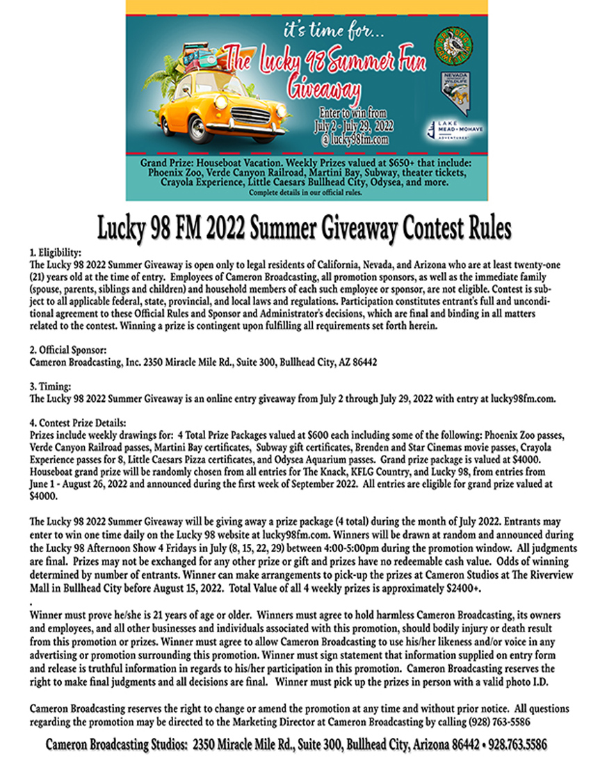 Lucky 98 FM 2022 Summer Giveaway Contest Rules